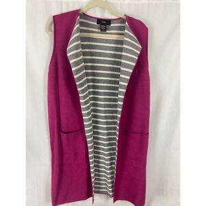 RAIN Magenta Pink Striped Knit Long‎ Vest Cardigan Open Front Pockets  M